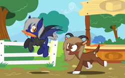 Size: 1280x805 | Tagged: safe, artist:silly-yellow-pone, oc, oc only, oc:shade, oc:wheat tooth, bat pony, goat, pony, bread, chase, duo, food, stall, stealing, thief