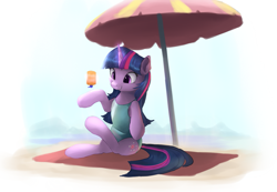 Size: 1139x787 | Tagged: safe, artist:vanillaghosties, twilight sparkle, twilight sparkle (alicorn), alicorn, pony, beach, beach umbrella, clothes, cute, female, magic, mare, one-piece swimsuit, smiling, solo, sunscreen, swimsuit, twiabetes