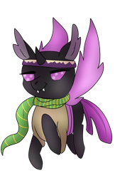 Size: 1319x2040 | Tagged: safe, artist:chimera-tea, oc, oc only, oc:azira gardner, changeling, clothes, female, headband, horn, jojo's bizarre adventure, joseph joestar, mare, purple changeling, scarf, simple background, solo, transparent background, wings