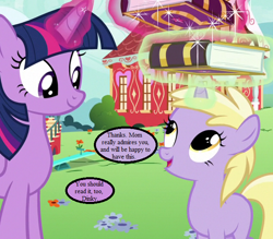 Size: 640x560 | Tagged: safe, edit, edited screencap, screencap, dinky hooves, twilight sparkle, twilight sparkle (alicorn), alicorn, fame and misfortune, book, cropped, friendship journal, implied derpy, magic, magic aura, ponyville schoolhouse, speech bubble