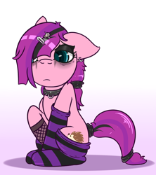 Size: 732x826 | Tagged: safe, artist:lazerblues, lily longsocks, choker, clothes, collar, ear piercing, emo, fishnet stockings, piercing, razor blade, scene kid, skull, socks, striped socks