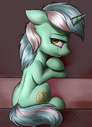 Size: 1568x2160 | Tagged: safe, artist:deltauraart, lyra heartstrings, pony, unicorn, crying, female, floppy ears, looking back, mare, sad, solo