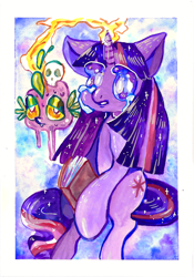 Size: 876x1252 | Tagged: safe, artist:flickex, spike, twilight sparkle, dragon, crying, gouache, magic, painting, traditional art