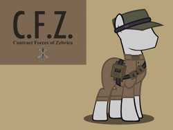 Size: 1600x1200 | Tagged: safe, artist:reisen514, pony, africa, brown background, clothes, metal gear solid, metal gear solid 5, military, military uniform, ponified, simple background, zebrica