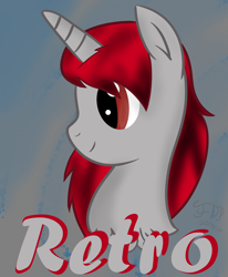 Size: 3300x4000 | Tagged: safe, artist:flamelight-dash, oc, oc only, oc:retro, unicorn, black, bust, gift art, gray, icon, male, red eyes, red mane, simple background, solo