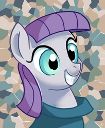 Size: 808x988 | Tagged: safe, artist:docwario, maud pie, earth pony, pony, bust, grin, irrational exuberance, out of character, portrait, smiling, solo, when she smiles