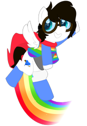 Size: 2300x3300 | Tagged: safe, artist:saveraedae, pony, boots, cape, clothes, costume, flying, goggles, hero, jacket, looking at you, male, ponified, pride, rainbow, raised hoof, shoes, simple background, smiling, solo, super gay, the mark side, transparent background
