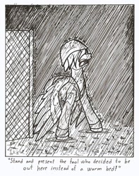 Size: 895x1138 | Tagged: safe, artist:ravenpuff, oc, oc only, oc:cause, pegasus, pony, comedy, female, helmet, mare, monochrome, rain, roan rpg, solo