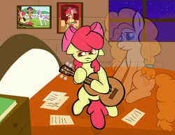 Size: 3300x2550 | Tagged: safe, artist:skyflys, apple bloom, pear butter, earth pony, ghost, pony, the perfect pear, apple bloom's bow, bed, book, bow, crying, feels, female, filly, guitar, hair bow, mother and child, mother and daughter, music, night, parent and child, picture, sad, sitting, tire swing