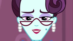 Size: 1100x618 | Tagged: safe, screencap, principal abacus cinch, equestria girls, friendship games, ear piercing, earring, female, glasses, jewelry, looking at you, piercing, solo