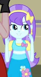 Size: 187x346 | Tagged: safe, screencap, aqua blossom, watermelody, equestria girls, friendship games, bowtie, chs rally song, cropped, duo, duo female, ear piercing, earring, female, flower, headband, jewelry, piercing