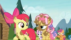 Size: 1037x584 | Tagged: safe, screencap, apple bloom, kettle corn, scootaloo, sweetie belle, marks and recreation, bedroom eyes, mud