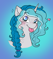 Size: 2013x2228 | Tagged: safe, artist:askbubblelee, oc, oc only, oc:bubble lee, oc:imago, pony, unicorn, body freckles, cute, female, freckles, heart, mare, ocbetes, smiling, solo, style emulation, tongue out