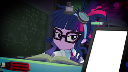 Size: 1920x1080 | Tagged: safe, edit, edited screencap, editor:alexlayer, screencap, sci-twi, twilight sparkle, eqg summertime shorts, equestria girls, mad twience, book, exploitable, laboratory, sci-twi's portrait, simple background, smiling, transparent background