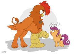 Size: 3010x2134 | Tagged: safe, anonymous artist, scootaloo, griffon, /mlp/, 4chan, chicken griffon, colored, drawthread, duo, funny, scootachicken, scootaloo's parents, simple background