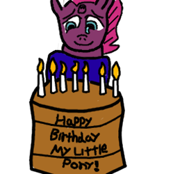 Size: 256x257 | Tagged: safe, artist:jayden schneider, fizzlepop berrytwist, tempest shadow, pony, unicorn, my little pony: the movie, cake, candle, food, happy birthday mlp:fim, mlp fim's seventh anniversary, solo, tempest the birthday guest, title drop