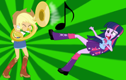 Size: 748x475 | Tagged: artist needed, safe, artist:discorded-joker, artist:haleyc4629, applejack, twilight sparkle, equestria girls, blowing, blown away, duo, falling, music notes, musical instrument, sousaphone, tuba, tubajack