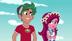 Size: 1280x720 | Tagged: safe, screencap, gloriosa daisy, timber spruce, equestria girls, legend of everfree, clothes, grin, scarf, smiling