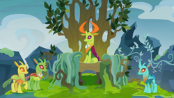 Size: 1920x1080 | Tagged: safe, screencap, clypeus, thorax, changedling, changeling, to change a changeling, background changeling, changeling hive, court, king thorax, sitting, throne, tree, vine