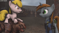 Size: 3840x2160 | Tagged: safe, artist:goatcanon, oc, oc:littlepip, oc:puppysmiles, earth pony, naked mole rat, pony, unicorn, fallout equestria, fallout equestria: pink eyes, 3d, clothes, crossover, fallout, fanfic, fanfic art, female, filly, foal, horn, mare, riding, source filmmaker, vault suit, wasteland