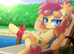 Size: 1024x755 | Tagged: safe, artist:hawthornss, oc, oc only, oc:malibu glider, bat pony, pony, bedroom eyes, ear fluff, ear piercing, earring, jewelry, kissy face, looking at you, piercing, sunglasses, swimming pool, watermark