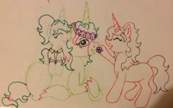 Size: 1024x641 | Tagged: safe, artist:creativeblossom, oc, oc only, oc:cb, oc:sprite, pony, unicorn, cute, family, female, filly, floral head wreath, flower, happy, lineart, mare, smiling, traditional art, trio