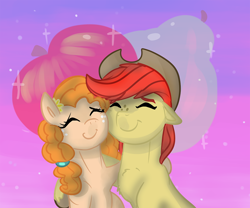 Size: 1200x1000 | Tagged: safe, artist:mylittlegodzilla, bright mac, pear butter, earth pony, pony, the perfect pear, brightbutter, cowboy hat, cute, female, hat, husband and wife, male, mare, nuzzling, shipping, stallion, stetson, straight