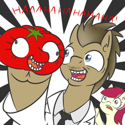 Size: 1000x1000 | Tagged: safe, artist:yakoshi, doctor whooves, roseluck, pony, attack of the killer tomatoes, facial hair, food, laughing, male, moustache, stallion, tomato, wat