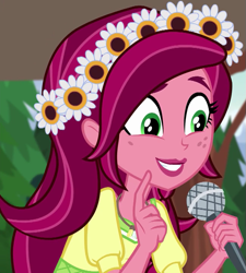 Size: 649x720 | Tagged: safe, screencap, gloriosa daisy, equestria girls, legend of everfree, cute, daisybetes, grin, happy, microphone, smiling, solo