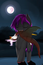 Size: 2000x3000 | Tagged: safe, artist:chapaevv, oc, oc only, oc:midnight moon, cockatrice, pony, unicorn, vampony, blood, broken horn, mare in the moon, moon, river, water