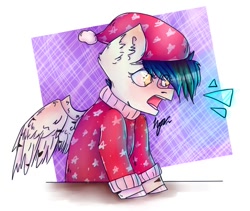 Size: 674x568 | Tagged: safe, artist:kokona-haruto, oc, oc only, pegasus, pony, christmas, clothes, ear fluff, golden eyes, holiday, screaming, simple background, solo, stars, surprised, sweater