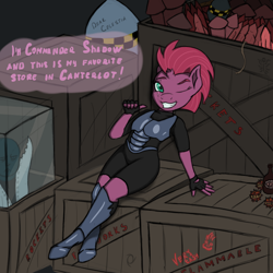 Size: 1300x1300 | Tagged: safe, artist:bajanic, tempest shadow, anthro, my little pony: the movie, armor, broken horn, crossover, eye scar, fireworks, mass effect, one eye closed, scar, solo, team fortress 2, wilson (cast away), wink