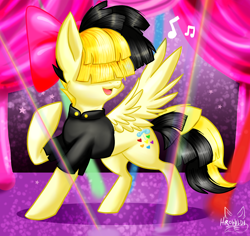 Size: 4074x3848 | Tagged: safe, artist:hiro-uzumaki, songbird serenade, pegasus, pony, my little pony: the movie, absurd resolution, clothes, female, mare, music notes, raised hoof, singing, smiling, solo