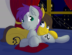 Size: 4298x3264 | Tagged: safe, artist:melodis, oc, oc only, oc:wyvern writer, earth pony, pony, bed, couple, cuddling, gay, male, skyline