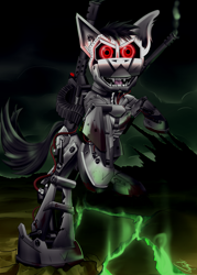 Size: 3000x4200 | Tagged: safe, artist:raptorpwn3, oc, oc only, oc:deus, cyborg, pony, robot, fallout equestria, fallout equestria: project horizons, absurd resolution, gun, looking at you, machine gun, open mouth, red eyes, solo, wasteland, weapon