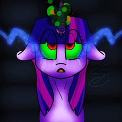 Size: 768x768 | Tagged: safe, artist:fireworkarsonist, twilight sparkle, unicorn twilight, pony, unicorn, corrupted, corrupted twilight sparkle, crying, dark magic, female, floppy ears, magic, mare, solo, sombra eyes