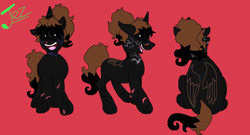 Size: 1217x657 | Tagged: safe, artist:creativeblossom, oc, oc only, oc:jez, oc:jezebel, demon, demon pony, pony, unicorn, alter ego, black sclera, colored, cut, digital, female, grin, jezebel universe, mare, red background, reference sheet, scar, simple background, smiling, solo, tattoo, vein