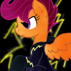 Size: 500x500 | Tagged: safe, artist:juicyjuicehypotenuse, scootaloo, pony, clothes, costume, dark, lightning, shadowbolts, shadowbolts costume, solo