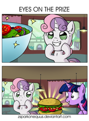 Size: 1675x2268 | Tagged: safe, artist:zsparkonequus, sweetie belle, twilight sparkle, burger, comic, cute, eyes on the prize, food, grin, hay burger, herbivore, salad, smiling, twilight burgkle