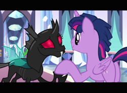 Size: 620x453 | Tagged: safe, artist:rememberstar, edit, edited screencap, screencap, dusk shine, mesosoma, prince dusk, thorax, twilight sparkle, twilight sparkle (alicorn), alicorn, changeling, the times they are a changeling, deviantart muro, duo, female, male, red eyes, rule 63, stallion