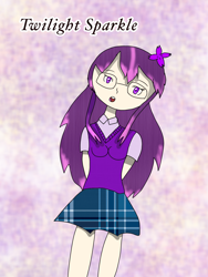 Size: 1536x2048 | Tagged: safe, artist:php45, twilight sparkle, human, clothes, flower, flower in hair, glasses, headcanon, humanized, open mouth, skirt, solo