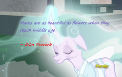 Size: 1420x898 | Tagged: safe, artist:meiyeezhu, edit, edited screencap, screencap, mistmane, pony, unicorn, campfire tales, aging, discovery family logo, female, floppy ears, magic, magic aura, mare, old, proverb, wisdom