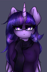 Size: 2633x4015 | Tagged: safe, artist:duop-qoub, twilight sparkle, twilight sparkle (alicorn), alicorn, anthro, unicorn, clothes, descended twilight, female, gray background, looking at you, scarf, simple background, solo