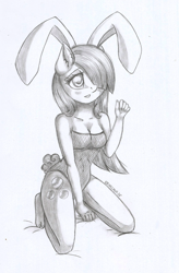 Size: 1332x2035 | Tagged: safe, artist:kruszyna25, marble pie, anthro, blushing, breasts, bunny ears, bunny tail, clothes, female, grayscale, monochrome, pencil drawing, shy, sitting, sketch, solo, traditional art