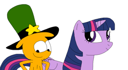 Size: 1024x565 | Tagged: artist needed, source needed, safe, twilight sparkle, twilight sparkle (alicorn), alicorn, pony, crossover, duo, looking down, simple background, smiling, wander (wander over yonder), wander over yonder, white background