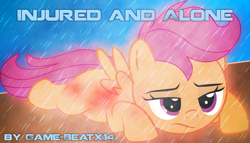 Size: 1837x1049 | Tagged: safe, artist:game-beatx14, artist:tgolyi, scootaloo, blood, fanfic, fanfic art, fimfiction, fimfiction.net link, rain, solo, story in the source