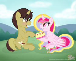 Size: 3310x2693 | Tagged: safe, artist:raspberrystudios, oc, oc only, oc:aurelia charm, oc:mister joe, alicorn, pony, mmmystery on the friendship express, alicorn oc, blushing, cake, excited, food, gift art, happy, mmm cake