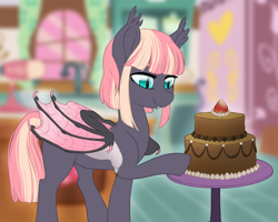 Size: 1200x958 | Tagged: safe, artist:skjolty, oc, oc only, bat pony, pony, bat pony oc, cake, food, solo