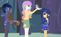 Size: 3776x2296 | Tagged: safe, artist:velveagicsentryyt, oc, oc only, oc:flosun pollen, oc:moonlight sonata, oc:velvet sentry, changepony, hybrid, equestria girls, clothes, crown, cute, dress, high res, jewelry, offspring, parent:flash sentry, parent:king sombra, parent:princess celestia, parent:princess luna, parent:thorax, parent:twilight sparkle, parents:flashlight, parents:lumbra, parents:thoralestia, regalia, skirt