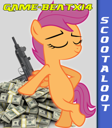 Size: 1750x2000 | Tagged: safe, artist:deadparrot22, artist:game-beatx14, scootaloo, fanfic, fanfic art, fimfiction, fimfiction.net link, gun, money, solo, story in the source, weapon